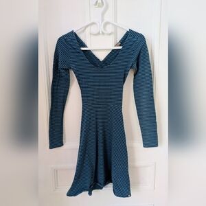 Element Striped Long-Sleeve V-Neck Skater Dress - Teal and Black